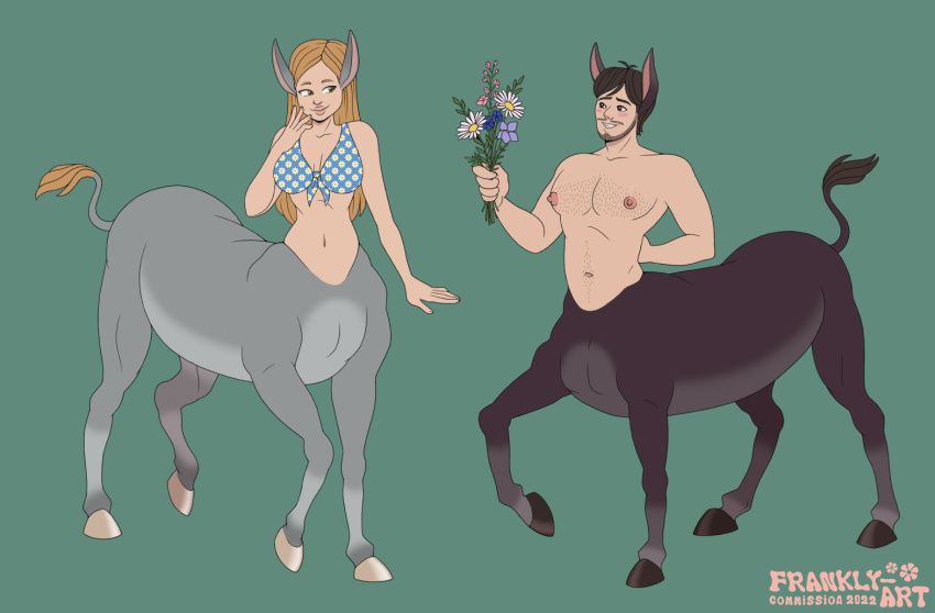 asinus bandana_top beard belly blonde_hair body_hair bouquet bra brown_body brown_fur chest_hair clothing courting courtship daisy_(flower) donkey donkey_taur duo equid equine facial_hair female flower frankly-art fur grey_body grey_fur hair hooves humanoid humanoid_taur male male/female mammal mustache navel nipples nude onocentaur pecs plant romantic romantic_couple strawberry_blonde strawberry_blonde_hair stubble taur topwear underwear