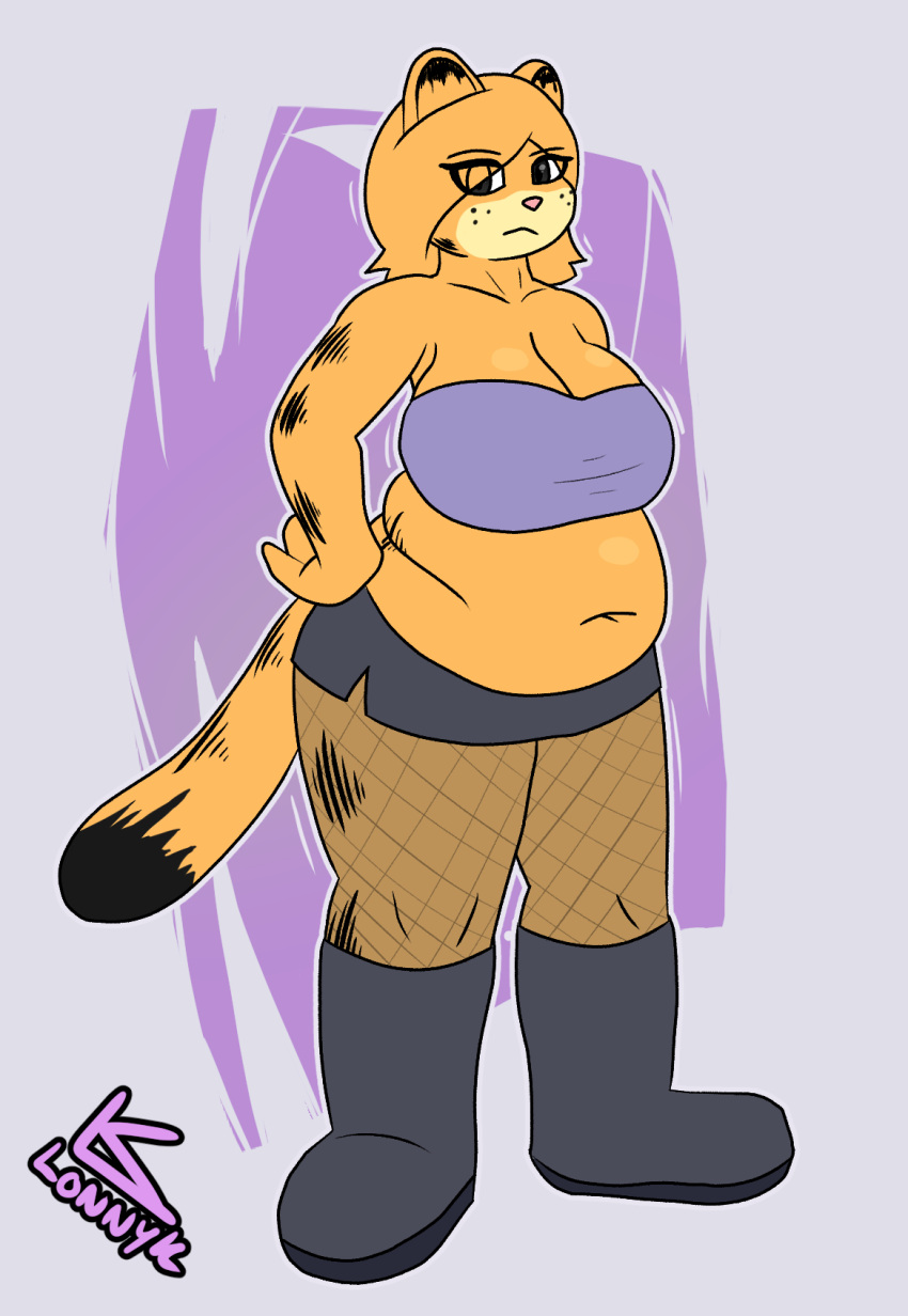 anthro belly belly_folds belly_overhang big_belly big_breasts boots bottomwear breasts cleavage clothed clothing domestic_cat felid feline felis female footwear garfield_(series) garfield_the_cat gothfield hand_on_hip hi_res lonnyk looking_at_viewer mammal meme navel overweight overweight_female pencil_skirt skirt solo standing