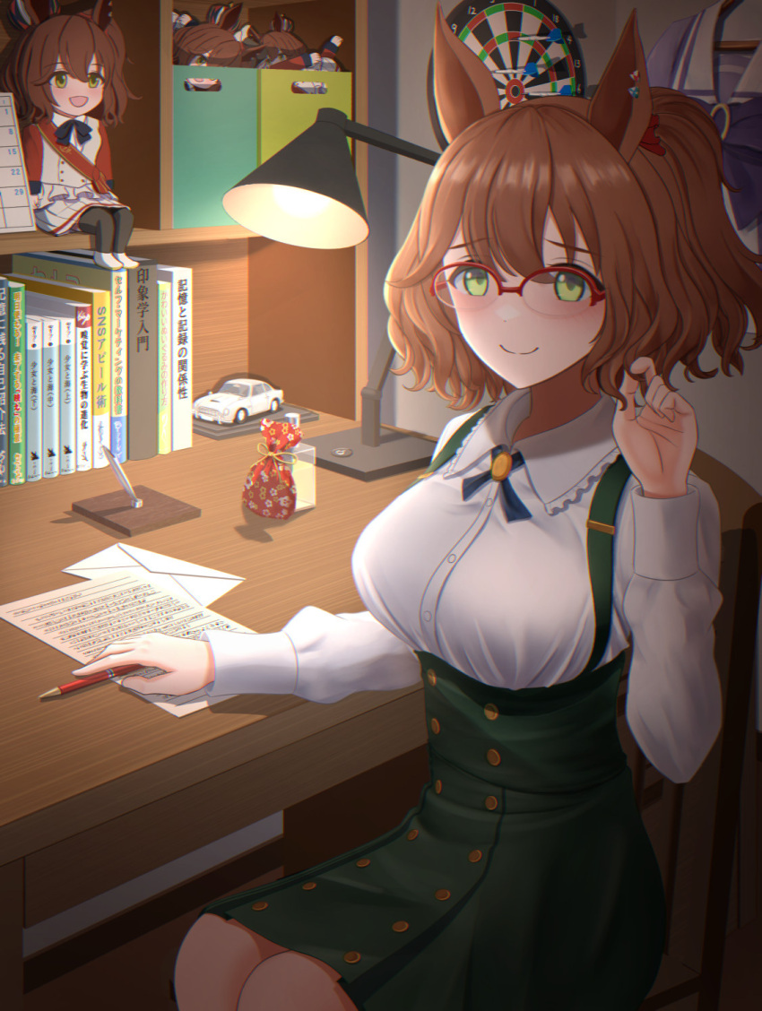 1girl animal_ears aston_machan_(umamusume) blush book breasts brown_hair calendar_(object) chair character_doll closed_mouth clothes clothes_hanger collared_shirt cross_tie dartboard desk desk_lamp envelope feet_out_of_frame frilled_shirt_collar frills glasses green_eyes green_skirt hair_twirling highres horse_ears horse_girl indoors itsuki_toiro lamp long_sleeves medium_breasts overall_skirt paper pen pony school_uniform semi-rimless_eyewear shirt short_hair sitting skirt smile solo tracen_school_uniform umamusume white_shirt