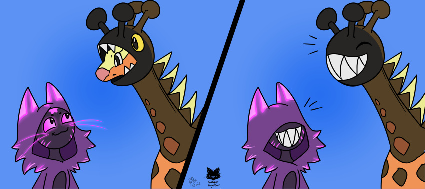 absurd_res anthro blue_background clothing comic cute_expression duo farigiraf female feral fur glowing glowing_markings grin hi_res hoodie imp impim male male/female markings nintendo nintendo_switch pokemon pokemon_(species) purple_body purple_fur sharp_teeth signature simple_background smile smug soniclux sonicluxhedgeman teeth topwear two_panel_image video_games watermark