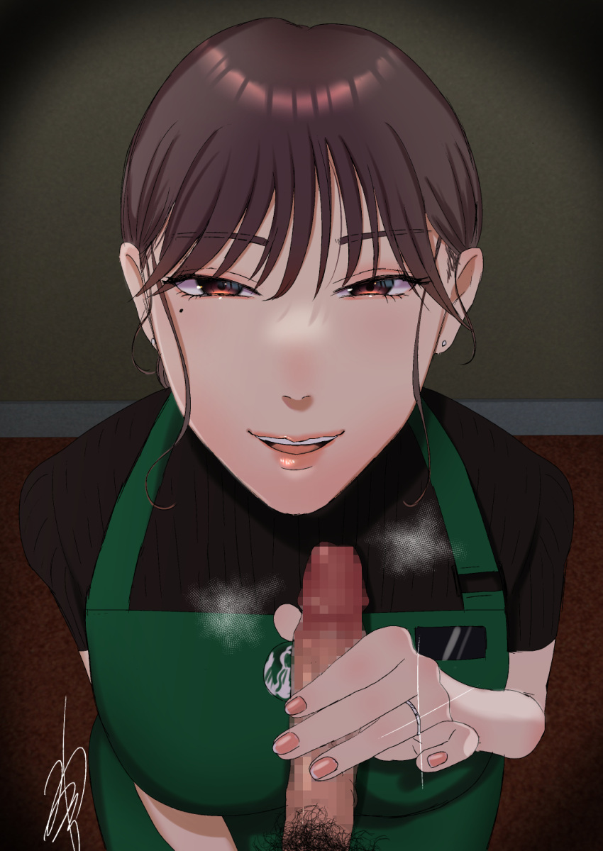 1boy 1girl apron black_shirt brown_hair handjob highres jewelry looking_at_viewer male_pubic_hair mature_female mole mole_under_eye nail_polish original penis pov pubic_hair ring shirt smile solo_focus starbucks watari_kaoru_(harupaka034) wedding_ring