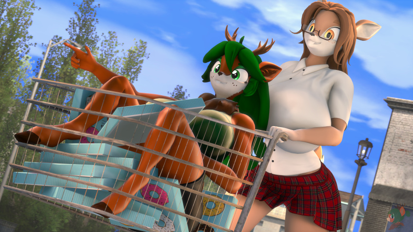 16:9 3d_(artwork) 4k absurd_res anthro antlers big_breasts bottomwear breasts buckteeth cervid clothing dessert digital_media_(artwork) dongly12 doughnut doughnut_box duo eyewear female fiona_fawnbags_(dullvivid) food glasses hi_res horn huge_breasts mammal mature_female revamped_anthros shopping_cart skirt source_filmmaker tea_tree_(donglysfm) teeth widescreen