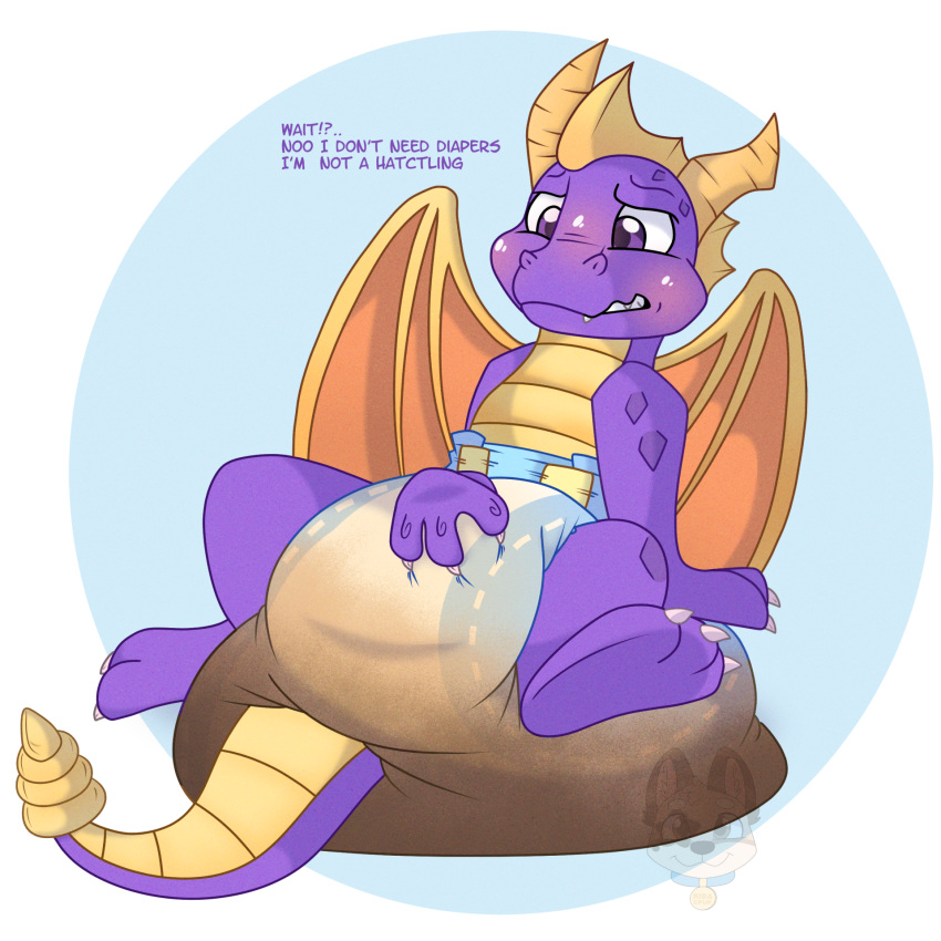 activision artist_spankapup diaper embarrassed feral filling_diaper hi_res hypermessy invalid_tag male messy smelly solo spyro spyro_the_dragon video_games