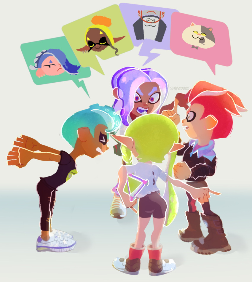 2boys 2girls absurdres aqua_hair arguing big_man_(splatoon) blonde_hair fangs frye_(splatoon) full_body highres inkling inkling_boy inkling_girl judd_(splatoon) multiple_boys multiple_girls octoling octoling_boy octoling_girl open_mouth pants purple_hair red_hair shiver_(splatoon) shoes smcducc sneakers speech_bubble splatoon_(series) splatoon_3 standing tentacle_hair