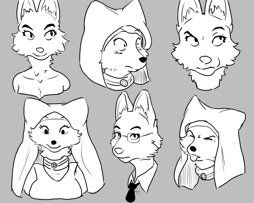 2022 5:4 absurd_res annoyed anthro black_nose blush canid canine clothed clothing diane_foxington digital_media_(artwork) disney dreamworks duo expression_sheet expressions eyebrows eyelashes facial_tuft female fox fur grey_background hair hi_res line_art looking_away maid_marian mammal monochrome necktie nyankyun540 raised_eyebrow raised_eyebrows robin_hood_(disney) simple_background sketch smile surprise surprised_expression the_bad_guys tongue tongue_out wide_eyed