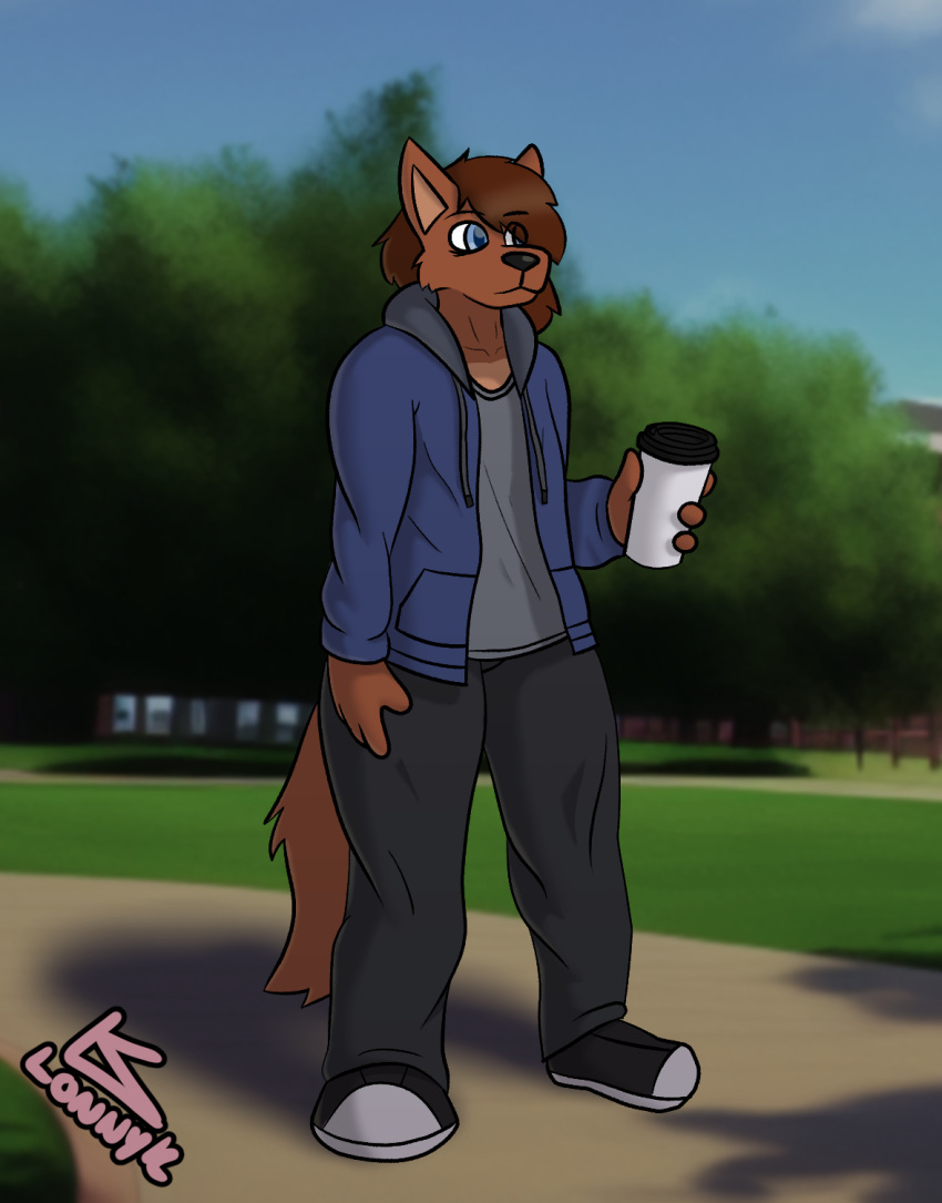 ambiguous_gender anthro canid canine canis clothing coffee_cup college container cup domestic_dog hi_res lonnyk mammal school shirt solo standing sweatpants sweatshirt tired topwear