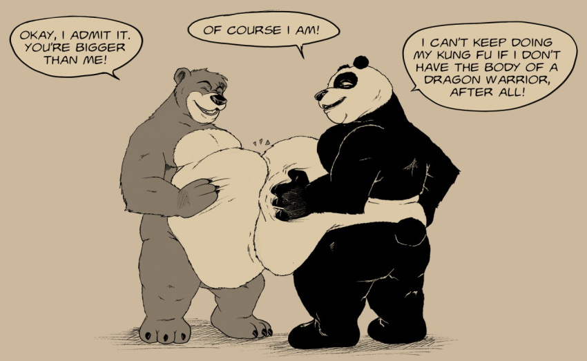 2020 anthro baloo belly belly_press big_belly black_and_white_fur butt claws dialogue dreamworks duo english_text eyes_closed fur giant_panda hand_on_stomach kung_fu_panda lordweegee64 male mammal master_po_ping narrowed_eyes nude obese obese_anthro obese_male open_mouth overweight overweight_anthro overweight_male rear_view short_tail speech_bubble standing teeth text toe_claws tongue ursid