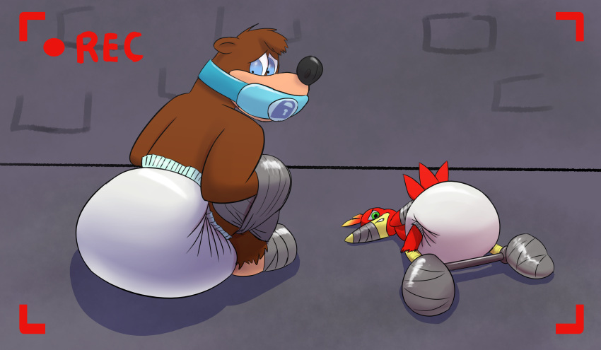 2021 avian banjo-kazooie banjo_(banjo-kazooie) bdsm bondage bound breegull brown_body brown_fur camera_view chaptude crouching diaper diaper_fetish duo fur gag hi_res kazooie mammal muzzle_(object) pacifier pacifier_gag rareware restraints simple_background spreader_bar tape tape_muzzle taped_hands ursid video_games white_diaper worried