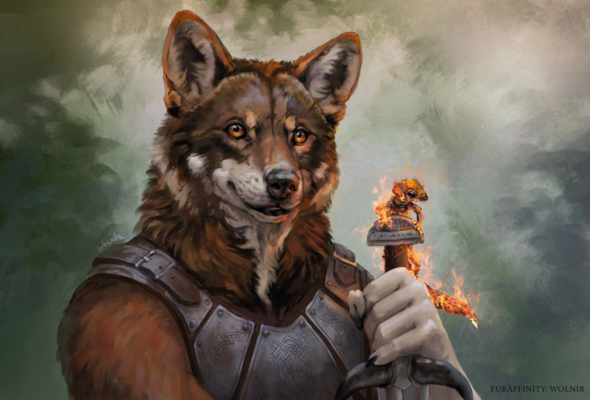 2022 5_fingers ambiguous_gender anthro armor black_lips brown_body brown_eyes brown_fur canid canine canis claws clothed clothing digital_media_(artwork) duo feral fingers fur lips male mammal smile white_body white_fur wolf wolnir