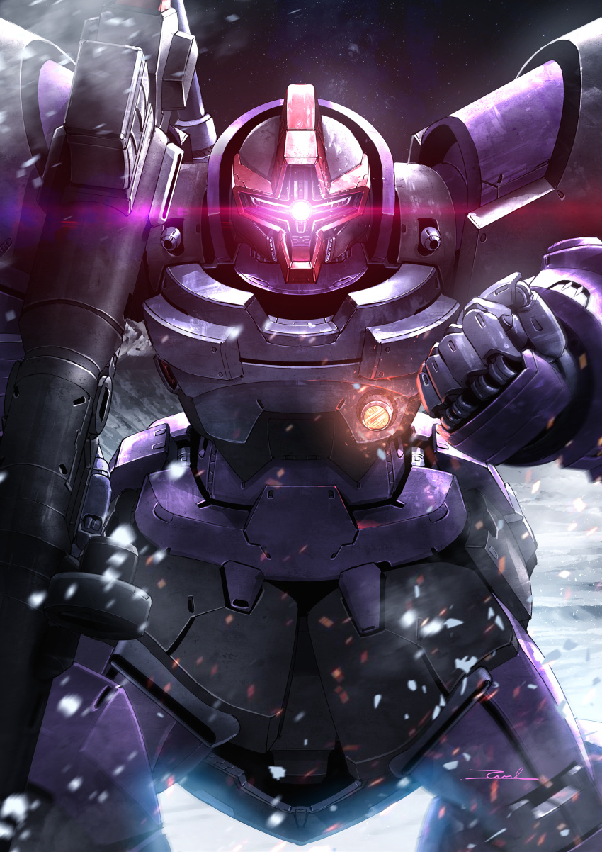 absurdres bazooka_(gundam) clenched_hand dom_trooper glowing glowing_eye gun gundam gundam_seed gundam_seed_destiny highres holding holding_gun holding_weapon looking_at_viewer mecha mobile_suit no_humans one-eyed purple_eyes robot solo straight-on taka-f weapon