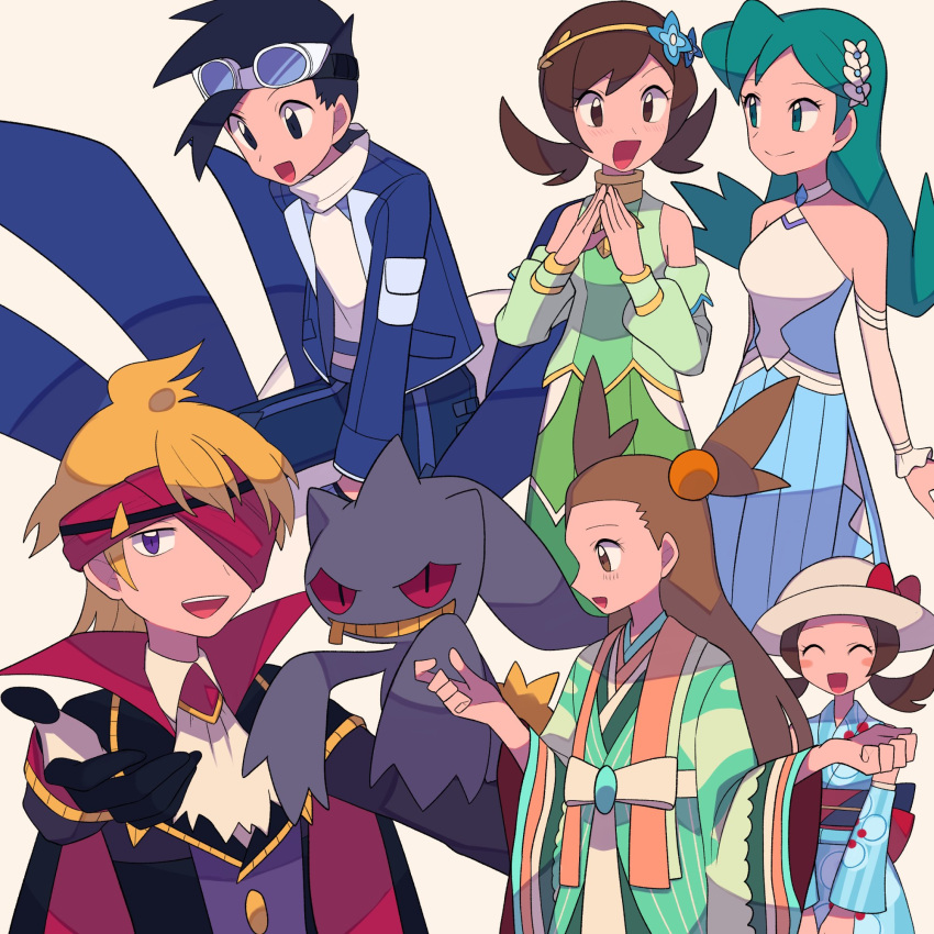 2boys 3girls :d ascot bangs bare_shoulders black_hair blonde_hair blue_jacket blue_kimono brown_eyes brown_hair commentary_request dress ethan_(pokemon) ethan_(sygna_suit)_(pokemon) gloves goggles green_hair green_kimono hands_up hat headband highres jacket japanese_clothes jasmine_(pokemon) jasmine_(special_costume)_(pokemon) kimono kris_(pokemon) kris_(sygna_suit)_(pokemon) long_hair long_sleeves lyra_(pokemon) lyra_(summer_2020)_(pokemon) lyra_(sygna_suit)_(pokemon) morty_(fall_2021)_(pokemon) morty_(pokemon) multiple_boys multiple_girls official_alternate_costume open_clothes open_jacket open_mouth own_hands_together pants pokemon pokemon_(game) pokemon_masters_ex purple_eyes scarf shirt short_hair smile teeth tongue twintails two_side_up tyako_089 upper_teeth white_ascot white_scarf yukata