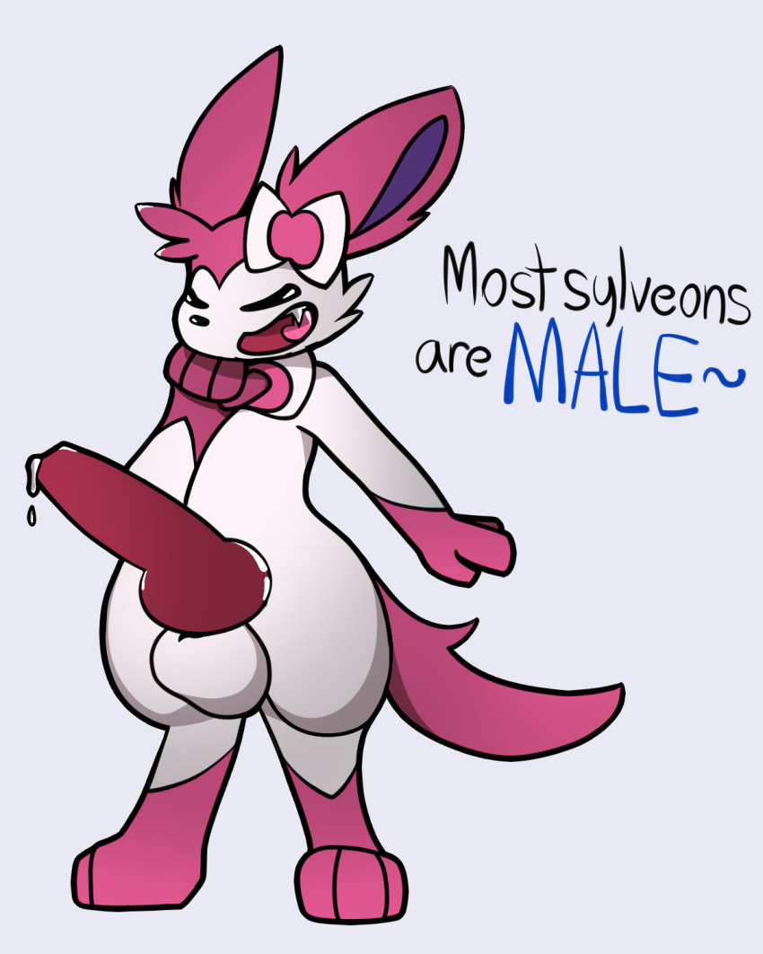 anthro balls big_balls big_penis bodily_fluids digitigrade dripping eeveelution english_text erection eyes_closed fur generation_6_pokemon genital_fluids genitals hi_res knot male nintendo penis pink_body pink_fur pokemon pokemon_(species) precum precum_drip presenting presenting_penis primsylveon simple_background smile solo standing sylveon text video_games white_background