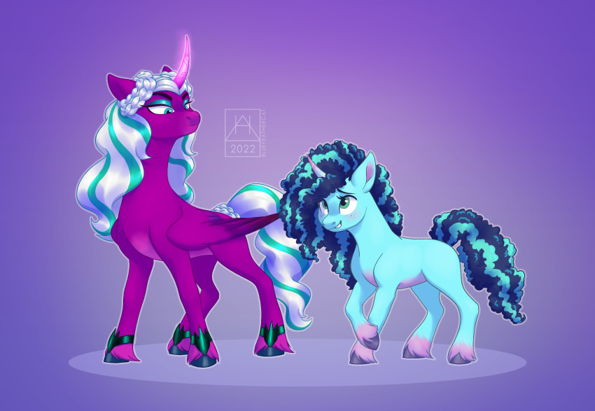 afro blue_body blue_eyeshadow blue_hair blue_tail bluefeathercat blush braided_hair duo equid equine eyeshadow feathered_wings feathers female feral folded_wings freckles glowing glowing_horn hair hasbro hi_res hooves horn leg_tuft magic makeup mammal misty_(g5) mlp_g5 multicolored_hair my_little_pony opaline_(mlp) purple_background purple_body purple_feathers purple_hooves simple_background size_difference tuft two_tone_hair two_tone_tail unicorn white_hair white_tail winged_unicorn wings