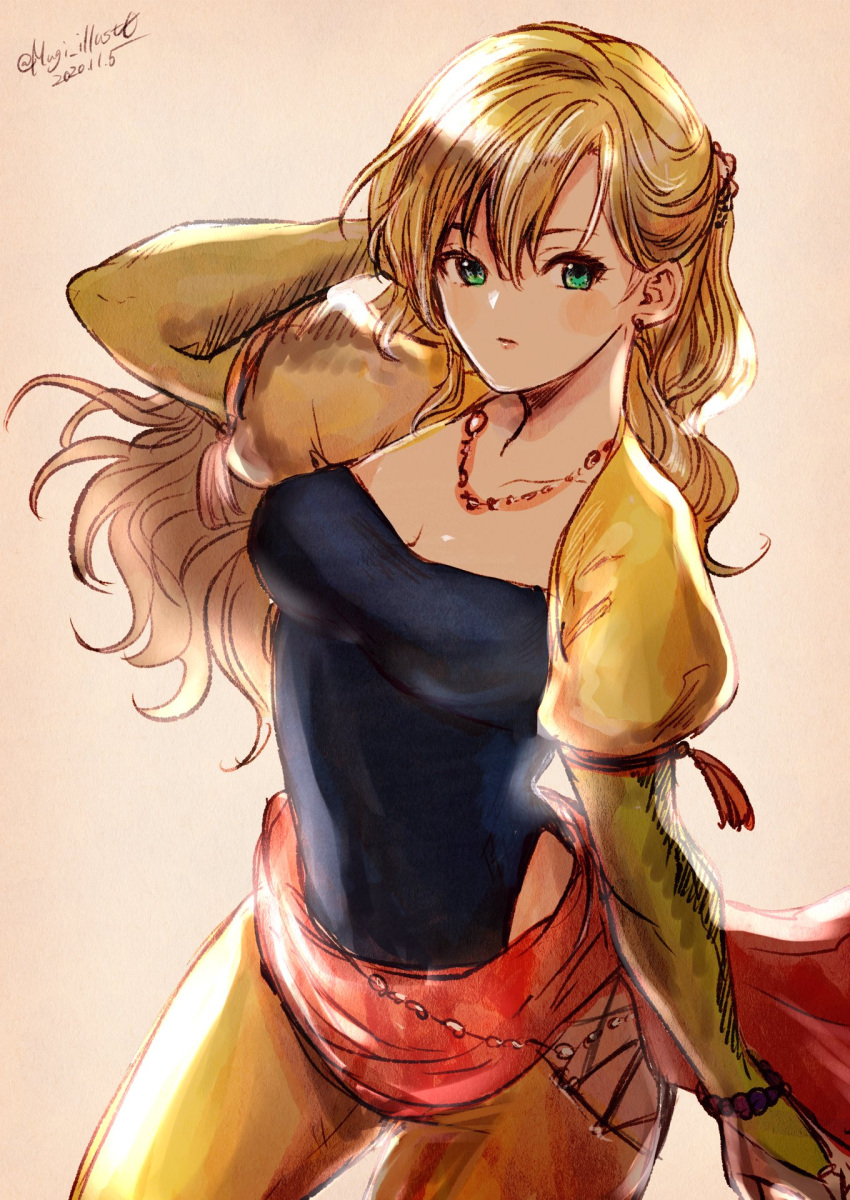 1girl blonde_hair blue_eyes celes_chere final_fantasy final_fantasy_vi highres hip_vent jacket komugiko_no_mori long_hair pants square_enix yellow_jacket yellow_pants