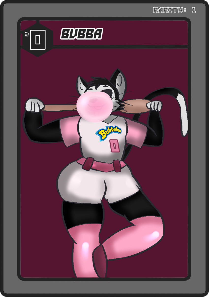 anonymous_artist anthro baseball_bat baseball_card baseball_uniform bat_(object) bubba_(bubbaloo) bubbaloo_(gum) bubble_gum candy clothing dessert domestic_cat eyewear felid feline felis food gum hi_res holding_bat holding_object male mammal pose solo sportswear sunglasses thick_thighs trading_card uniform whiskers wide_hips