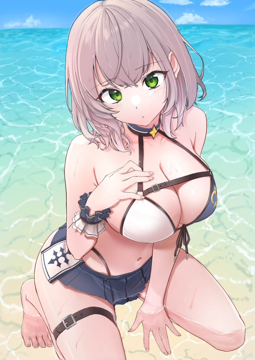 1girl :o adapted_costume arm_between_legs arm_support beach bikini bikini_skirt blue_choker blush breasts choker cleavage commentary front-tie_bikini_top front-tie_top green_eyes grey_hair halterneck hand_on_own_chest highres hololive kneeling large_breasts looking_at_viewer medium_hair motoraku multi-strapped_bikini_bottom navel ocean parted_lips shirogane_noel skindentation solo summer swimsuit thigh_strap two-tone_bikini virtual_youtuber water wavy_hair white_bikini