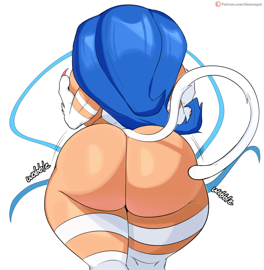 absurd_res animal_humanoid big_butt blue_hair butt capcom cat_humanoid darkstalkers english_text felicia_(darkstalkers) felid felid_humanoid feline feline_humanoid female hair hi_res huge_butt huge_hips huge_thighs humanoid jinu mammal mammal_humanoid onomatopoeia solo sound_effects text thick_thighs video_games white_body white_skin wide_hips