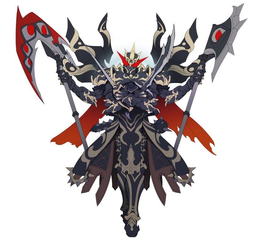 1boy absurdres armor armored_boots axe black_armor boots catball1994 commentary_request crossed_arms evil extra_arms flail full_body highres holding holding_axe holding_scythe holding_sword holding_weapon kamen_rider kamen_rider_saber_(series) kamen_rider_storious knight looking_at_viewer mace monster monster_boy red_eyes red_scarf redesign scarf scythe spiked_mace spikes stylistic sword villain_pose weapon white_background