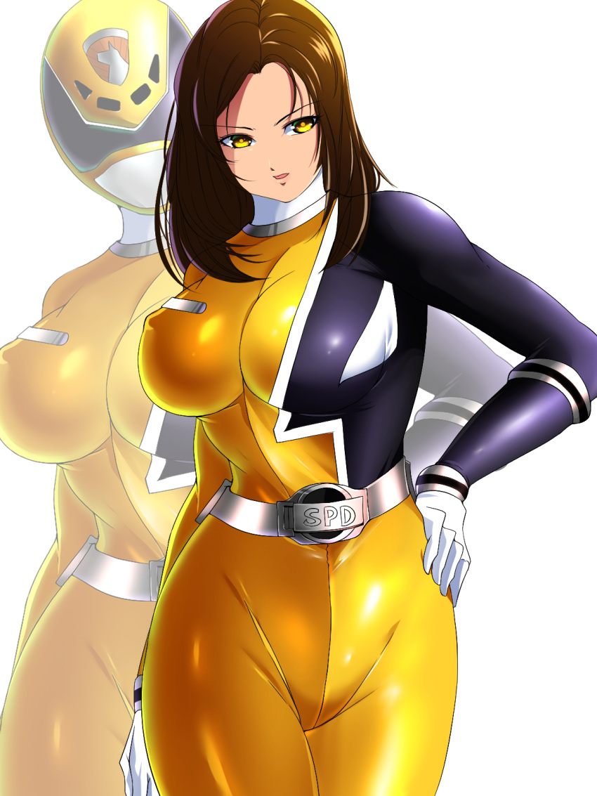 1girl bodysuit dekayellow highres reimon_marika ri~hu skin_tight super_sentai tokusou_sentai_dekaranger yellow_bodysuit