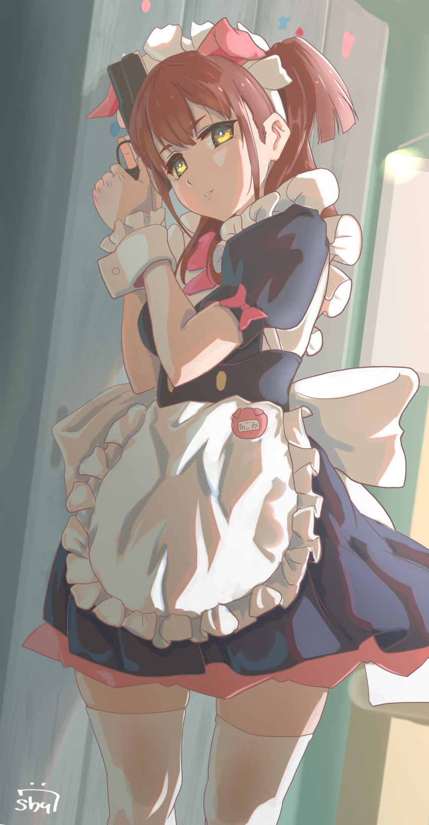 1girl absurdres akiba_maid_sensou animal_ears apron black_dress bow brown_hair dress fake_animal_ears gun highres holding holding_gun holding_weapon indoors maid maid_apron maid_headdress name_tag pig_ears pink_bow short_hair short_sleeves shu70077 solo standing thighhighs wahira_nagomi weapon white_thighhighs wrist_cuffs yellow_eyes