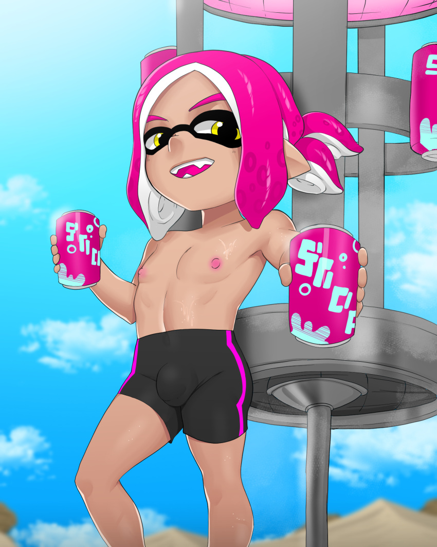 animal_humanoid athletic beverage beverage_can bulge cephalopod cephalopod_humanoid fan_character hi_res humanoid inkling inkling_boy kae'est low-angle_view magenta_hair male marine marine_humanoid mollusk mollusk_humanoid nintendo nipples offering_to_viewer open_mouth open_smile sharp_teeth shirtless shirtless_male smile soda solo spats splatoon tacticooler tan_body tan_skin teeth video_games yellow_eyes