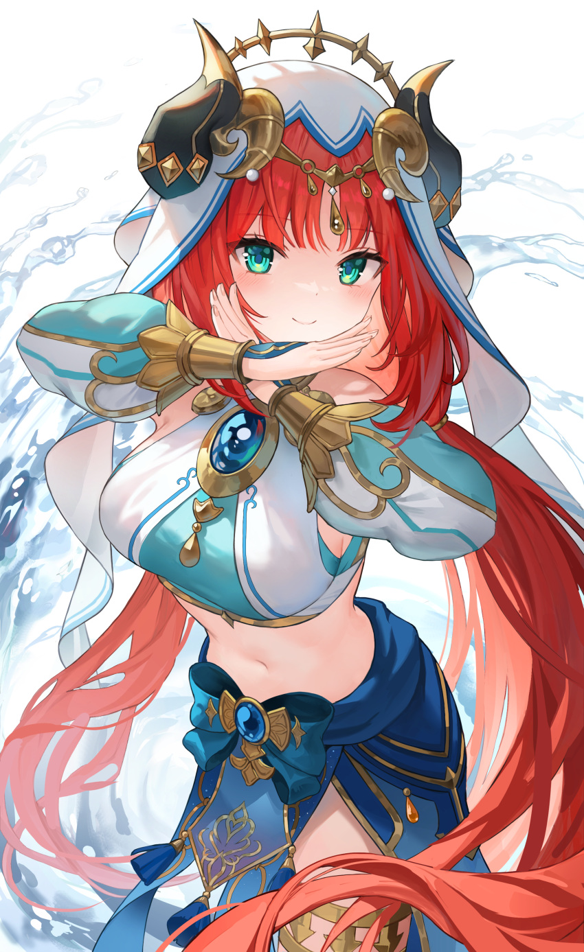 1girl absurdres aqua_eyes bangs bare_shoulders blue_bow blue_gemstone blue_skirt bow bracer breasts brooch circlet closed_mouth cowboy_shot crop_top crossed_wrists dancer detached_sleeves gem genshin_impact gold_trim harem_outfit highres horns jewelry large_breasts long_hair long_sleeves looking_at_viewer low_twintails navel neck_ring nilou_(genshin_impact) parted_bangs pelvic_curtain puffy_long_sleeves puffy_sleeves red_hair shirt simple_background skirt smile solo stomach tassel thighlet thighs tikakaa twintails veil very_long_hair water white_background white_headwear white_shirt x_arms