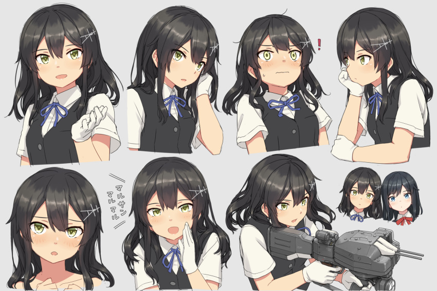 asashio_(kancolle) asashio_kai_ni_(kancolle) black_hair black_jacket blue_choker blue_eyes choker embarrassed gloves hair_ornament hairpin hayashi_naoharu highres jacket kantai_collection long_hair look-alike oyashio_(kancolle) red_choker shirt upper_body white_gloves white_shirt yellow_eyes