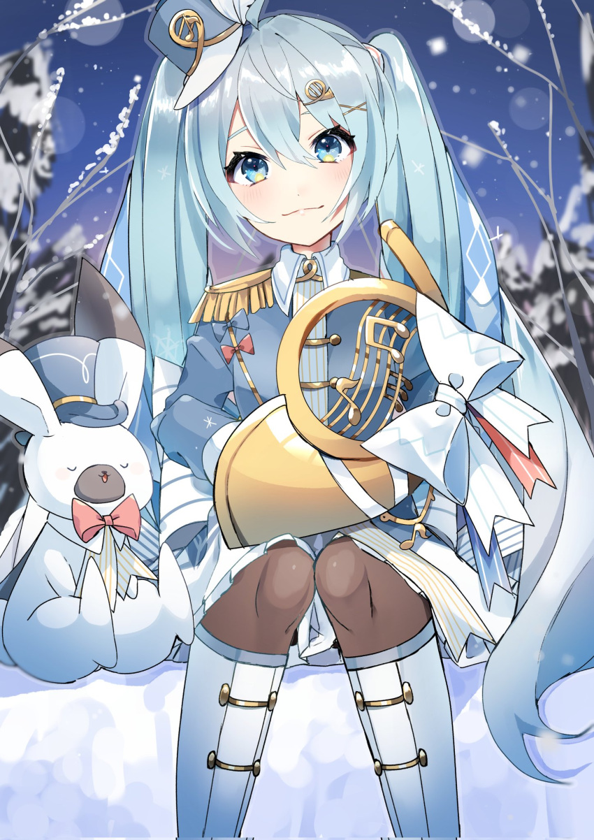 1girl ahoge animal beamed_eighth_notes closed_mouth commentary_request epaulettes feet_out_of_frame french_horn fringe_trim gloves gradient_hair hair_between_eyes hair_ornament hat hat_feather hatsune_miku highres horn_(instrument) instrument instrument_hair_ornament kusunokimizuha light_blush long_hair looking_at_viewer mini_hat mini_shako_cap multicolored_hair musical_note musical_note_print musical_staff musical_staff_print nurimas official_alternate_costume official_alternate_hairstyle rabbit rabbit_yukine shako_cap sitting smile solo twintails very_long_hair vocaloid white_gloves white_hair white_rabbit_(animal) yuki_miku yuki_miku_(2020)