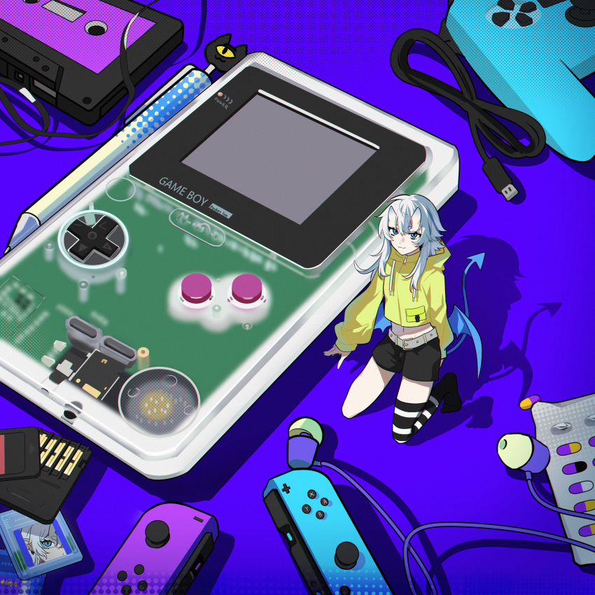 1girl absurdres blue_eyes cassette_tape controller demon_tail game_boy game_cartridge game_controller grey_hair handheld_game_console highres hood hood_down hooded_jacket horns jacket joy-con kiliko-san long_hair looking_at_viewer looking_up minigirl oni_horns original pen pill shadow short_eyebrows single_thighhigh smile solo striped striped_thighhighs tail thighhighs yellow_jacket