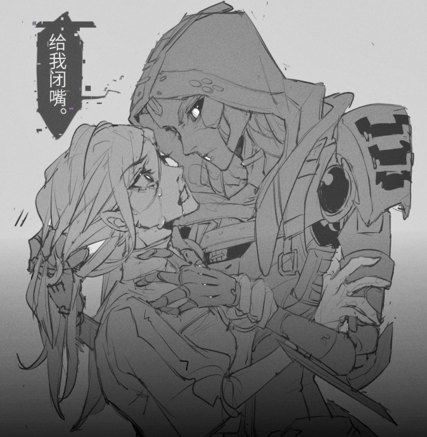 2girls android animification apex_legends ash_(titanfall_2) ashleigh_reid blood chinese_commentary chinese_text cracked_skin crying crying_with_eyes_open excessive_nosebleed grabbing_another's_hair greyscale hair_behind_ear hood hood_up jacket long_hair metal_skin monochrome multiple_girls nosebleed ruu47 scared simulacrum_(titanfall) speech_bubble tears upper_body