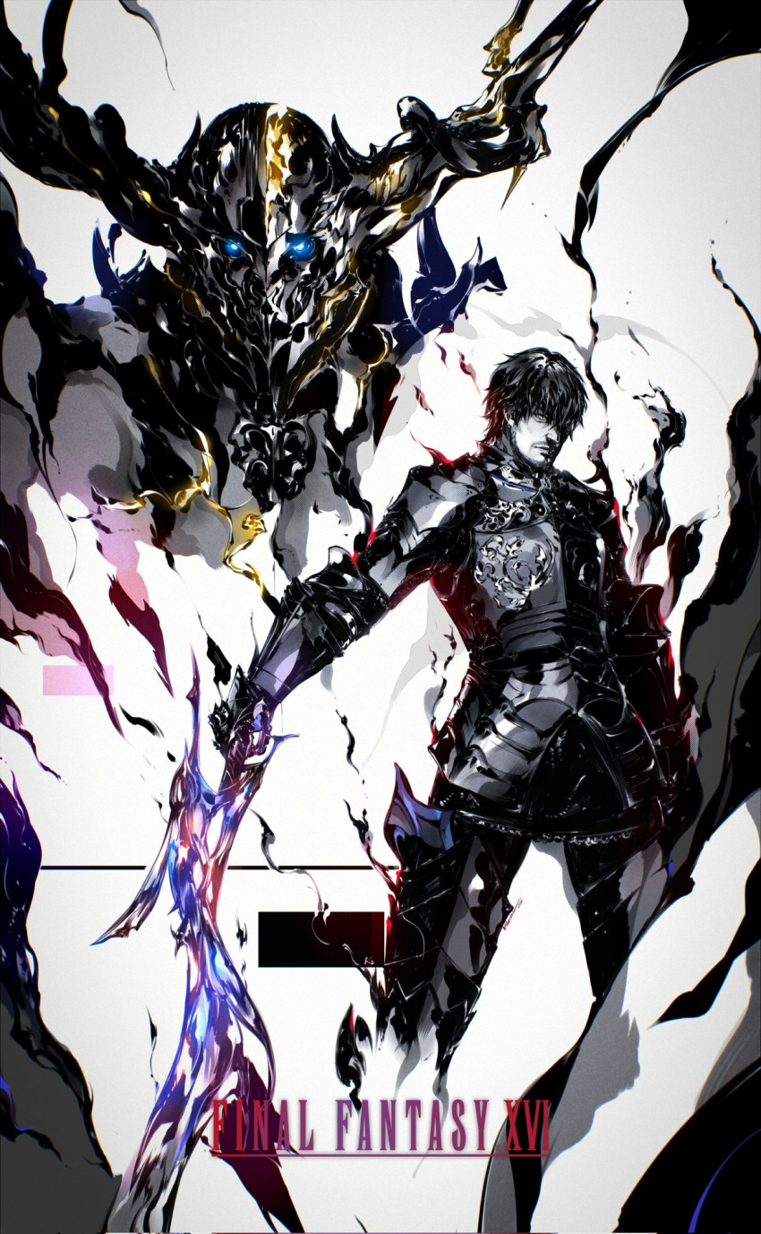 1boy armor barnabas_tharmr black_armor black_hair blue_eyes energy facial_hair final_fantasy final_fantasy_xvi full_body glowing glowing_eyes highres holding holding_sword holding_weapon kubaushi logo looking_at_viewer odin_(final_fantasy) short_hair simple_background sword weapon white_background