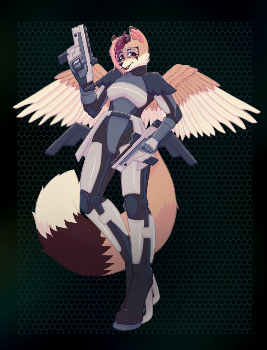 anthro armor biped digital_media_(artwork) eyewear feathered_wings feathers female full-length_portrait gun hi_res holding_gun holding_object holding_weapon mammal onomari pattern_background portrait ranged_weapon science_fiction shaded simple_background solo standing weapon wings
