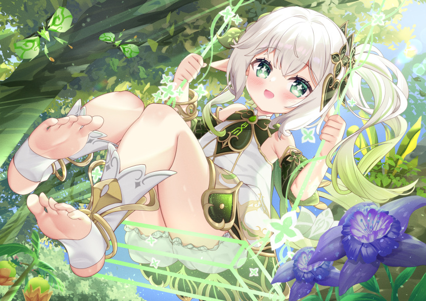 1girl :d ass bangs blurry cape commentary_request depth_of_field detached_sleeves dress flower forest genshin_impact gradient_hair green_eyes hair_between_eyes hair_ornament highres hiyada_yuu holding long_hair looking_at_viewer multicolored_hair nahida_(genshin_impact) nature pointy_ears short_sleeves side_ponytail sidelocks sitting smile solo stirrup_legwear swing symbol-shaped_pupils toeless_legwear toes tree white_dress white_hair