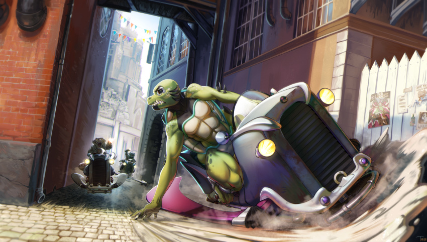 action_scene alley anthro ariana_'ari'_(darkflamewolf) brick_wall chase city city_background cityscape cobblestone crocodile crocodilian crocodylid cybernetics dynamic female fence gun headlights hi_res hovercraft hybrid legend_of_ahya machine ranged_weapon reptile scalie shell solo tavyapl tortoise turtle vehicle wall_(structure) watercraft weapon