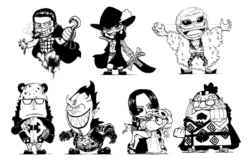 1girl 6+boys abs animal_ears arm_at_side arm_up arms_up ascot bartholomew_kuma bear_ears beard belt bible_(object) blacknirrow boa_hancock book boots breasts buttons cape chibi cigar claw_pose cleavage clenched_hands closed_mouth commentary constricted_pupils crocodile_(one_piece) cross cross_necklace crossed_legs cutlass donquixote_doflamingo dracule_mihawk dress earrings english_commentary expressionless eye_contact facial_hair facial_mark facing_viewer fighting_stance fishnet_shirt flame_print floral_print forehead full_body fur-trimmed_cape fur_(clothing) fur_trim gecko_moria ghost_tail glasses gloves greyscale grin hair_slicked_back half-closed_eyes hand_up hands_up happy hat hat_feather high_collar high_heels highres holding holding_book holding_sword holding_weapon hook hook_hand horns jacket japanese_clothes jewelry jinbe_(one_piece) kimono latin_cross legs legs_apart long_hair long_sleeves looking_at_another looking_at_viewer medium_breasts monochrome mouth_hold multiple_boys mustache necklace no_shirt one_piece opaque_glasses open_clothes open_jacket open_mouth open_shirt outstretched_arm outstretched_arms pants paw_print paw_print_pattern pawpads pectorals plaid plaid_pants plaid_vest pointy_ears pointy_footwear ringed_eyes salome_(one_piece) sand sandals sash scar scar_on_face sharp_teeth shiny shiny_hair shirt shoes short_hair sidelocks simple_background single_glove sitting sketch skull smile smoke smoking snake spread_arms standing stitches straight-on string sunglasses sword teeth topknot tusks upper_body v-shaped_eyebrows vest weapon white_background