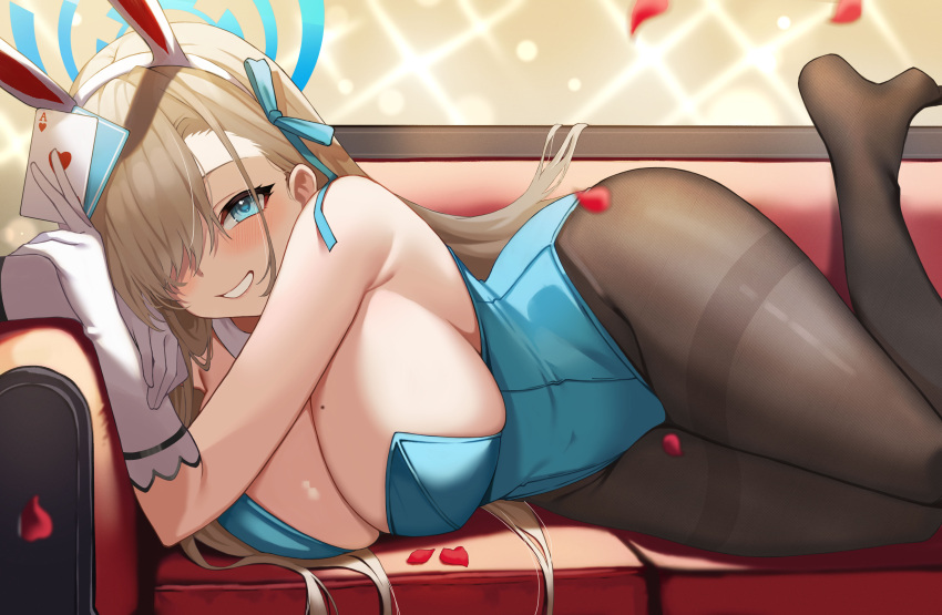 1girl absurdres animal_ears asuna_(blue_archive) asuna_(bunny)_(blue_archive) bangs bare_shoulders black_pantyhose blue_archive blue_eyes blue_leotard blue_ribbon blush breasts brown_hair card commentary_request couch covered_navel elbow_gloves fake_animal_ears gloves hair_ornament hair_over_one_eye hair_ribbon hairband halo highres holding holding_card large_breasts leotard lying mole mole_on_breast on_side one_eye_covered pantyhose parted_lips petals playboy_bunny playing_card rabbit_ears ribbon smile solo t_bone_(06tbone) thighband_pantyhose thighs white_gloves white_hairband