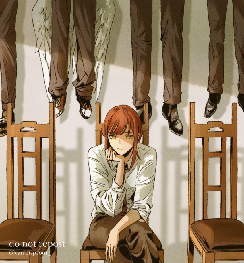 2boys angel_devil_(chainsaw_man) angel_wings bangs black_footwear black_necktie carrotsprout chainsaw_man chair collared_shirt crossed_legs floating hand_rest highres looking_at_viewer makima_(chainsaw_man) multiple_boys necktie out_of_frame red_hair ringed_eyes serious shaded_face shadow shirt sidelocks sitting twitter_username white_shirt white_wings wings yellow_eyes