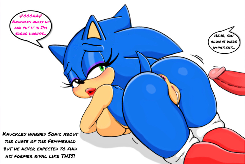 after_transformation anthro bedroom_eyes big_breasts big_butt bimbofication bimbofied breasts butt crossgender curvy_figure dripping_pussy english_text female hi_res horny knuckles_the_echidna male male/female narrowed_eyes presenting seductive sega sonic_the_hedgehog sonic_the_hedgehog_(series) text voluptuous