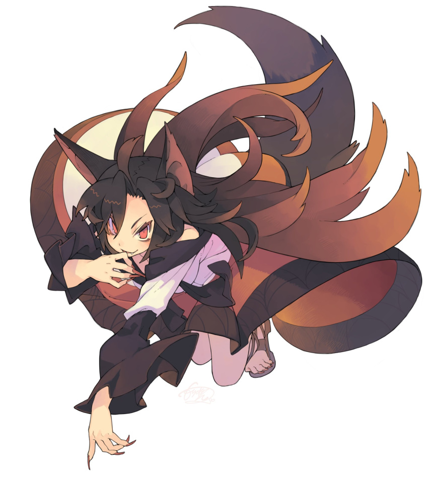 1girl ahoge animal_ears bare_legs brown_hair dress fang fingernails highres imaizumi_kagerou long_fingernails long_hair long_sleeves morino_hon nail_polish sandals smile solo tail toenail_polish toenails touhou wolf_ears wolf_tail