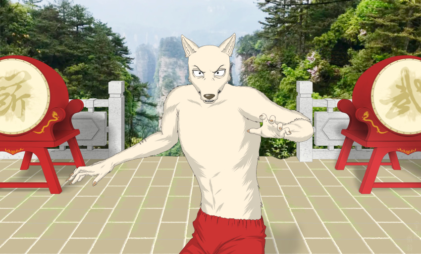 angry beastars broken canid canine canis claws clothing drum fence fighting_pose fur granite hi_res humanoid legoshi_(beastars) looking_at_viewer male mammal martial_arts muscular musical_instrument percussion_instrument photo_background pose red_clothing scar scared shadow short_fur solo sunny teeth white_body white_fur wolf