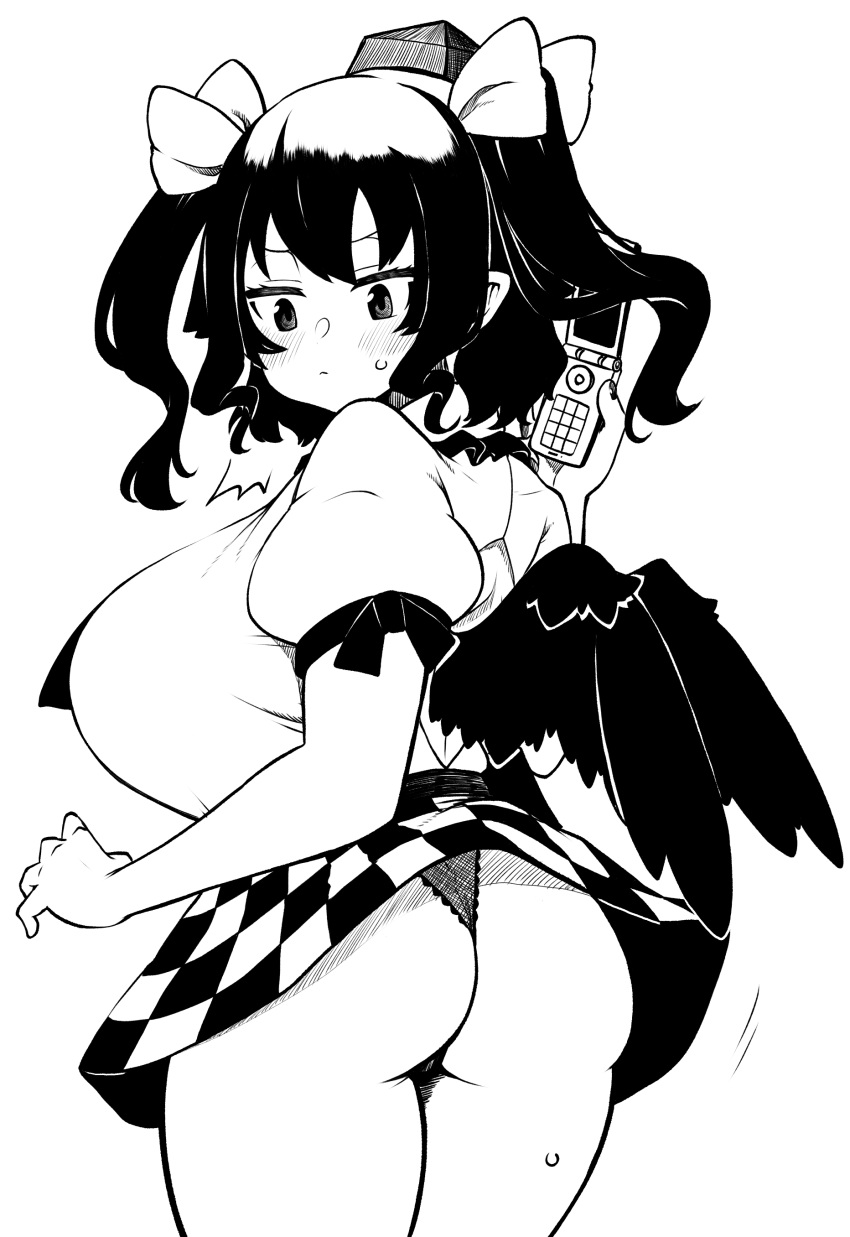 1girl absurdres black_hair black_skirt black_wings breasts cellphone checkered_clothes checkered_skirt collared_shirt feathered_wings hat highres himajin_noizu himekaidou_hatate large_breasts long_hair phone pom_pom_(clothes) scallop shirt simple_background skirt solo tokin_hat touhou twintails white_background white_shirt wings