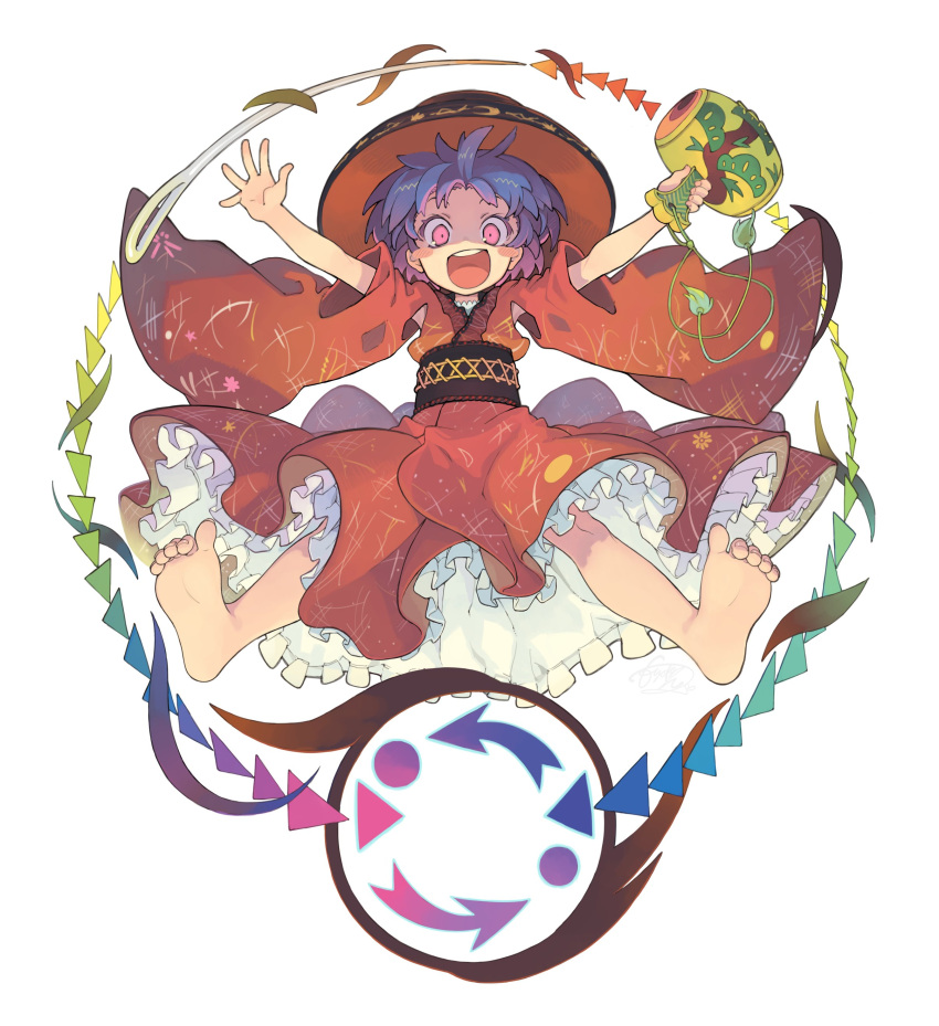 1girl :d absurdres bare_legs barefoot blush_stickers bowl bowl_hat constricted_pupils feet hat highres holding holding_mallet japanese_clothes kimono long_sleeves looking_at_viewer mallet miracle_mallet morino_hon needle obi open_mouth outstretched_arms pink_eyes purple_hair rainbow_gradient red_kimono round_teeth sash short_hair sleeves_pushed_up smile soles solo spread_arms spread_legs sukuna_shinmyoumaru tassel teeth toes touhou upper_teeth wide_sleeves