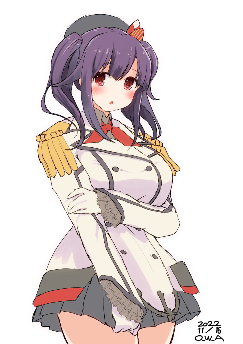 1girl ahoge black_headwear breasts buttons cosplay cowboy_shot epaulettes frilled_sleeves frills gloves grey_skirt hair_flaps highres jacket kantai_collection kashima_(kancolle) kashima_(kancolle)_(cosplay) large_breasts long_sleeves looking_at_viewer military military_jacket military_uniform miniskirt neckerchief one-hour_drawing_challenge owa_(ishtail) pleated_skirt purple_hair red_eyes red_neckerchief simple_background skirt socks solo taigei_(kancolle) twintails uniform white_background white_gloves white_jacket