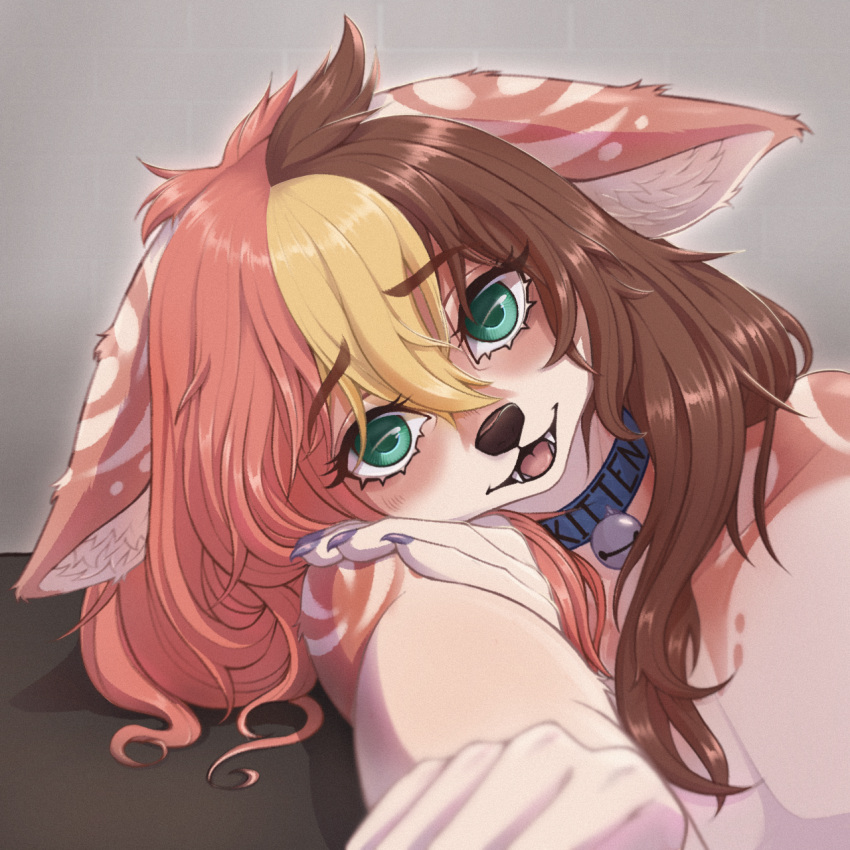 1:1 anthro bell bell_collar blonde_hair blue_collar brown_hair collar digital_media_(artwork) eyebrow_through_hair eyebrows eyelashes felid feline female green_eyes hair hi_res looking_at_viewer mammal multicolored_hair onomari pink_hair shaded solo text text_on_collar translucent translucent_hair