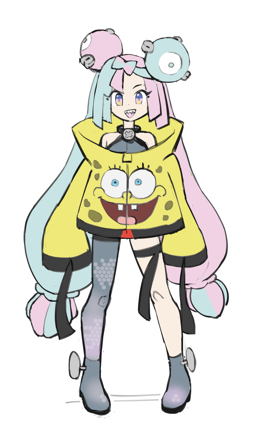 1girl absurdres bow-shaped_hair character_hair_ornament formerly grey_pantyhose hair_ornament hexagon_print highres iono_(pokemon) jacket long_hair low-tied_long_hair oversized_clothes pantyhose pokemon pokemon_(game) pokemon_sv sharp_teeth simple_background single_leg_pantyhose sleeves_past_wrists solo spongebob_squarepants spongebob_squarepants_(character) teeth very_long_sleeves white_background x yellow_jacket