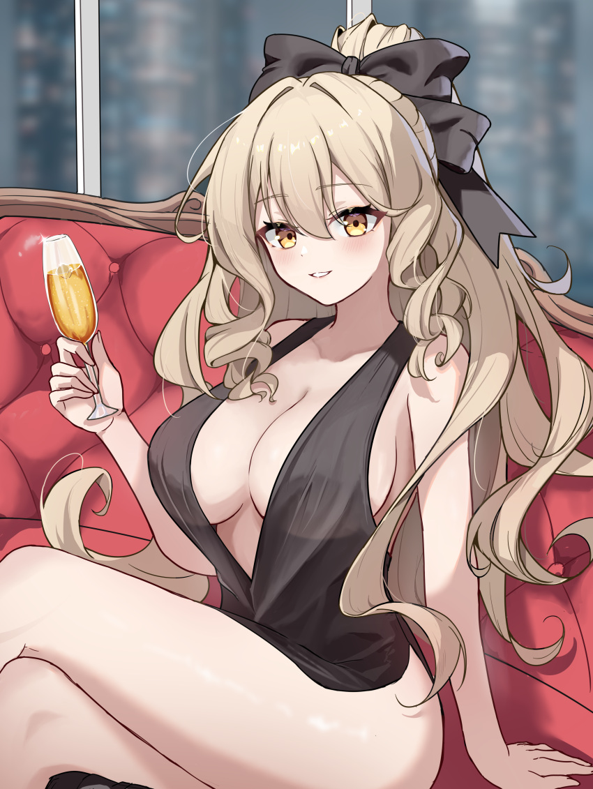 1girl absurdres alcohol benghuai_xueyuan black_bow black_bowtie black_dress blonde_hair bow bowtie breasts champagne champagne_flute commentary couch crossed_legs cup dress drinking_glass evening_gown hair_bow highres holding holding_cup honkai_(series) laniaitte_gordius_de_eumenes large_breasts long_hair looking_at_viewer on_couch party_dress smile solo thighs very_long_hair yellow_eyes you_yu_you_yu_yu_yo_yu