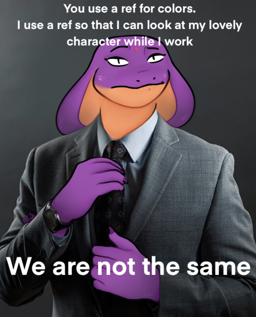 2021 5_fingers anthro cobra dialogue english_text eyebrows female fingers hi_res keeshee looking_at_viewer ncs necktie purple_body reptile scalie snake snake_hood solo suit_jacket text we_are_not_the_same