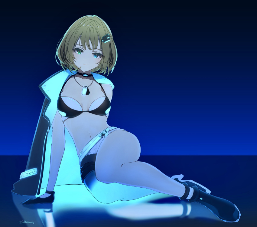 1girl asymmetrical_legwear bra choker coat dog_tags gloves glowing green_hair hair_ornament hairclip heterochromia high_heels highres hukka_(hukka_ready) idolmaster idolmaster_cinderella_girls idolmaster_cinderella_girls_starlight_stage legs midriff navel on_floor shorts takagaki_kaede underwear