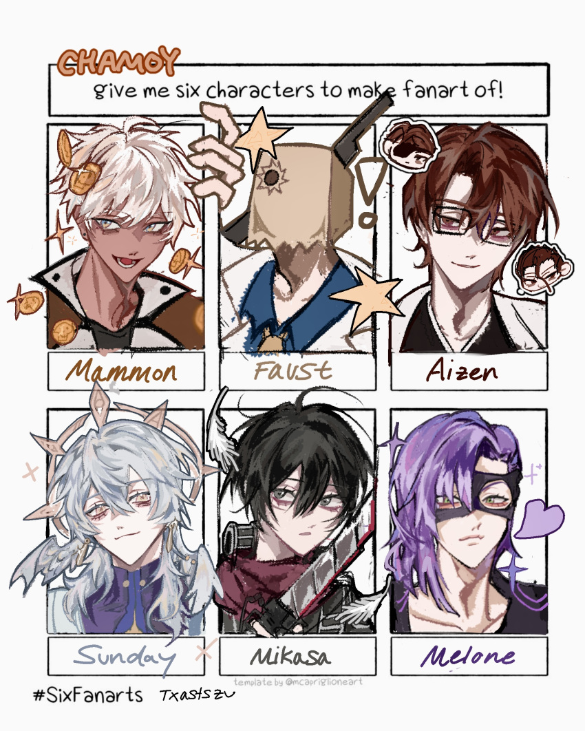 1girl 5boys aizen_sousuke artist_name black_hair bleach brown_hair commentary faust_(guilty_gear) guilty_gear highres honkai:_star_rail honkai_(series) jojo_no_kimyou_na_bouken mammon_(obey_me!) melone mikasa_ackerman multiple_boys multiple_drawing_challenge obey_me!:_one_master_to_rule_them_all! purple_hair shingeki_no_kyojin six_fanarts_challenge sunday_(honkai:_star_rail) sunday_(sacerdos'_relived_ordeal)_(honkai:_star_rail) symbol-only_commentary txasttszu vento_aureo white_hair