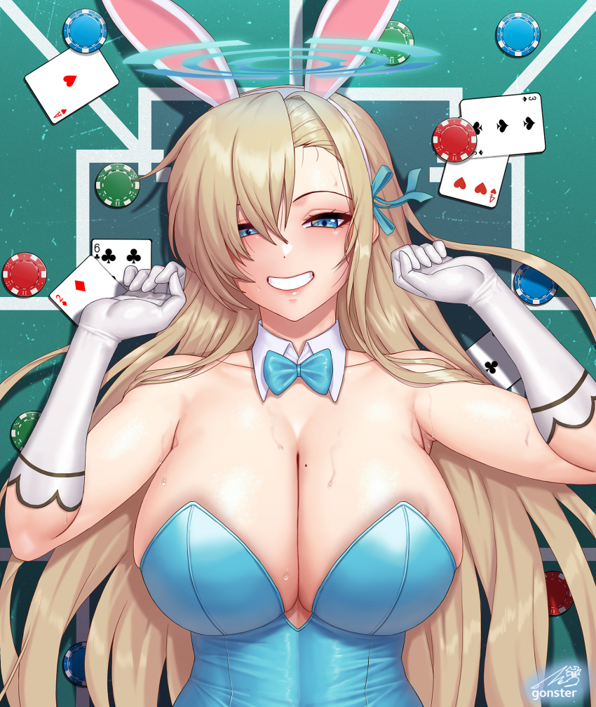 1girl ace_of_clubs ace_of_diamonds ace_of_hearts ace_of_spades animal_ears armpit_crease artist_name asuna_(blue_archive) asuna_(bunny)_(blue_archive) asymmetrical_bangs bangs blue_archive blue_bow blue_bowtie blue_eyes blue_leotard blue_ribbon bow bowtie breasts club_(shape) commentary_request detached_collar diamond_(shape) elbow_gloves fake_animal_ears from_above gloves gonster grin hair_between_eyes hair_ribbon halo heart highres large_breasts leotard light_brown_hair long_hair looking_at_viewer lying on_back on_table parted_lips playboy_bunny poker_chip poker_table rabbit_ears ribbon smile spade_(shape) table white_gloves